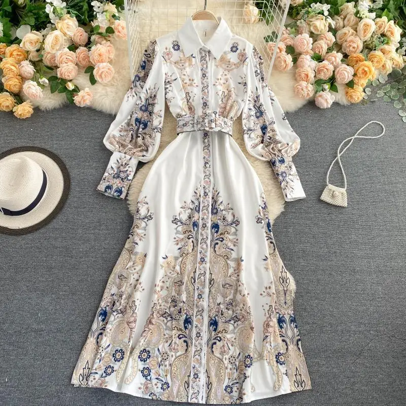 Dress Long Women Retro printing temperament shirt collar fashionable bubble sleeves slim long dress