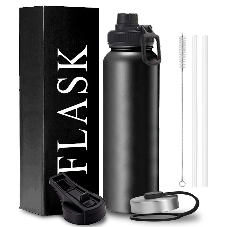 Custom Logo Double Wall Vacuum Insulated Iron Metal Flask Wide Mouth Gym Sports Drinking Stainless Steel Water Bottle