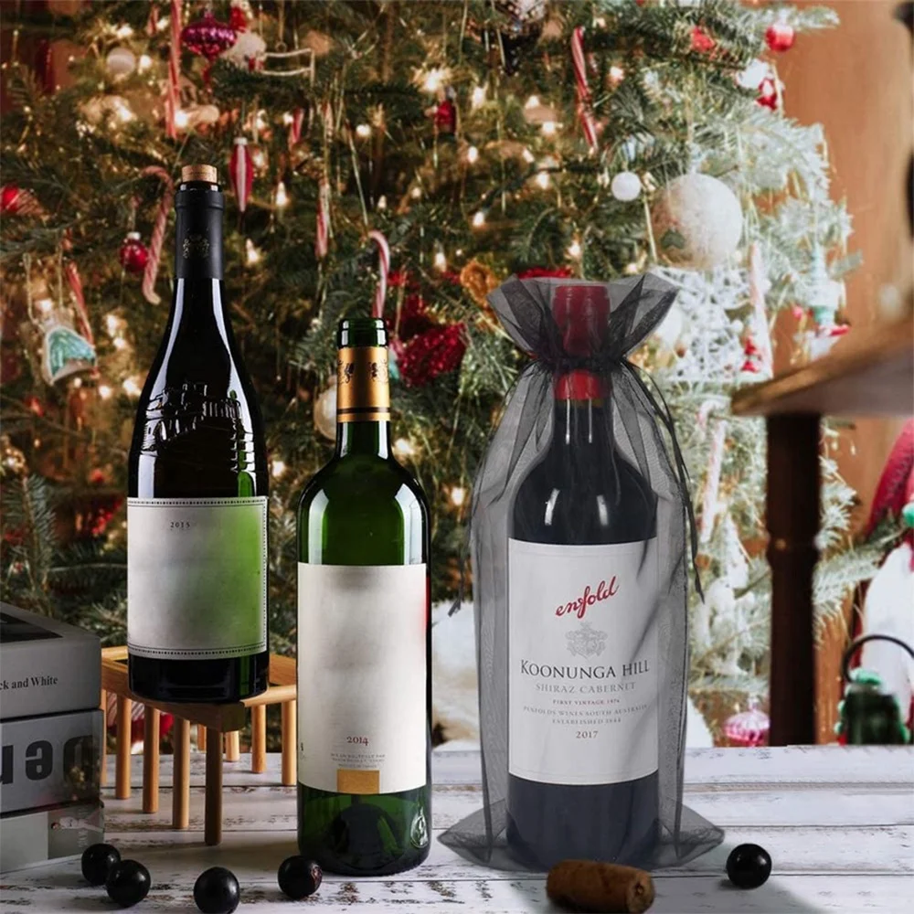 Custom Wine Pouch Gift Drawstring Recyclable Screen Printing Hot Stamping Party Wedding Organza Wine Bag