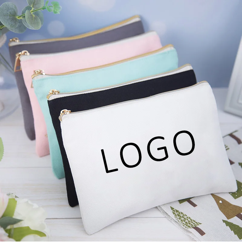 Small Eco Custom Logo Cotton Blank Zipper Pouch Make Up Bags Plain White Cotton Canvas Makeup Cosmetic Bag