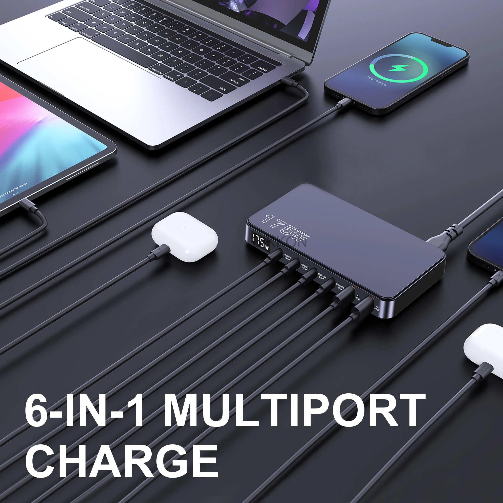 USB C Charger 175W 6 Ports Type C Charging Station Multiple Device 4C2A LED Display PD 3.0 100W Fast GaN Adapter for Macbook pro
