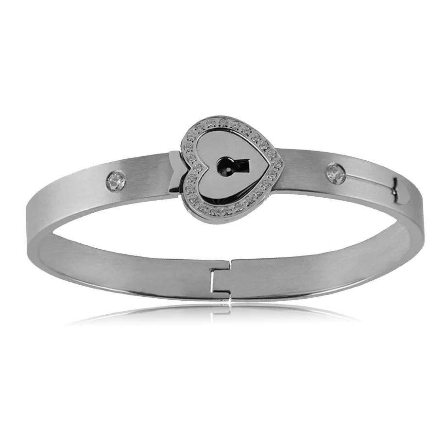 Love Lock Key Heart Bangles Stainless Steel Bangles with CZ Stones Inlaid