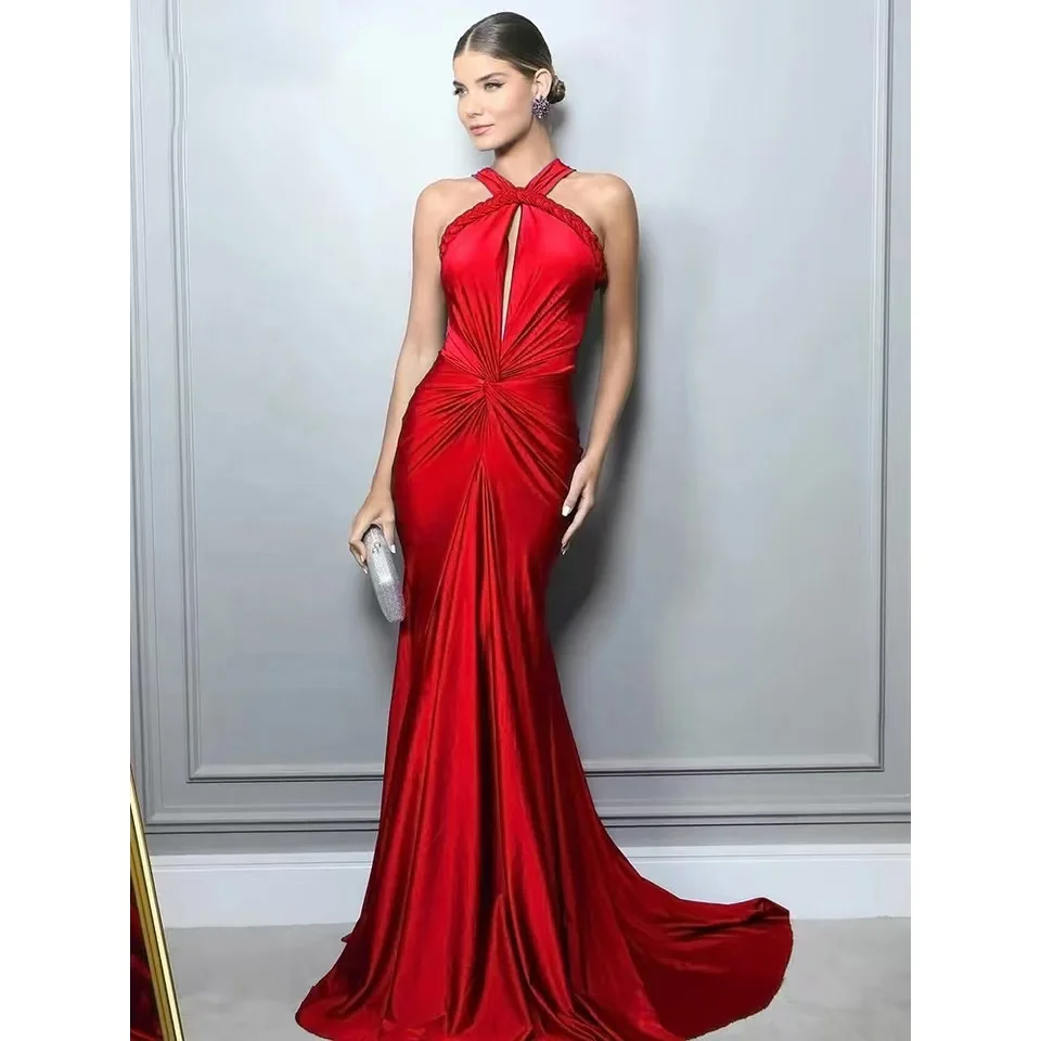 Sexy Asymmetrical Straps Hollow Out Satin Long Dress  Red Sleeveless Backless Slim Mermaid Maxi Dresses Evening Party