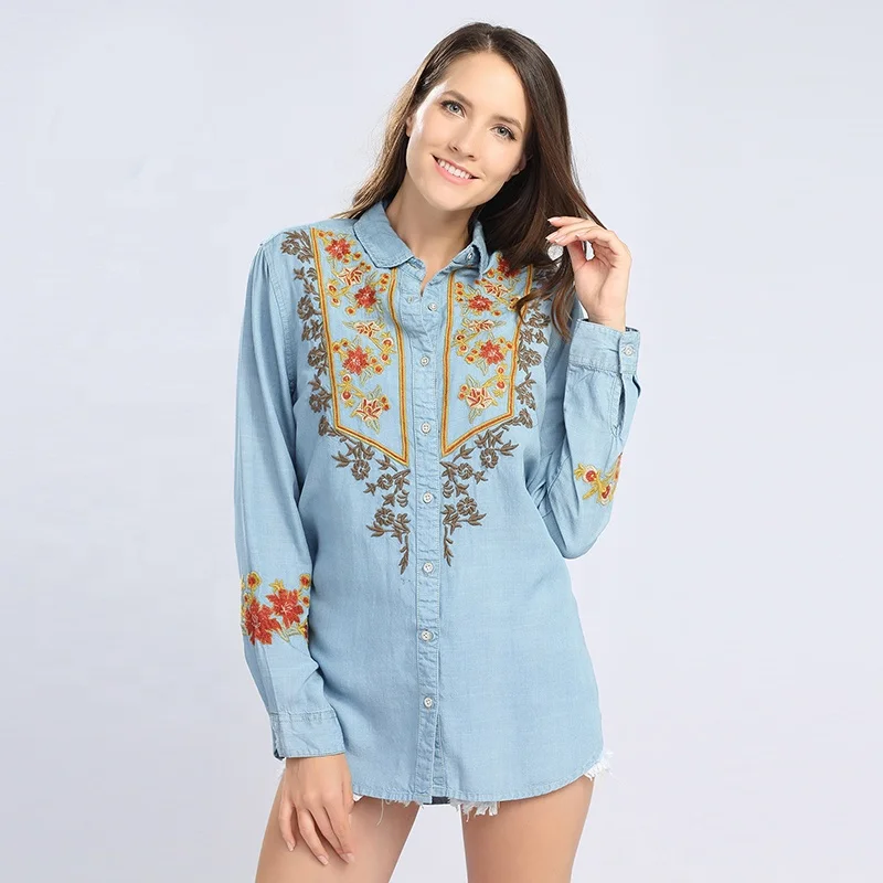 Turn-down collar embroidery floral embroidery autumn cotton denim blouses for women lady casual spring