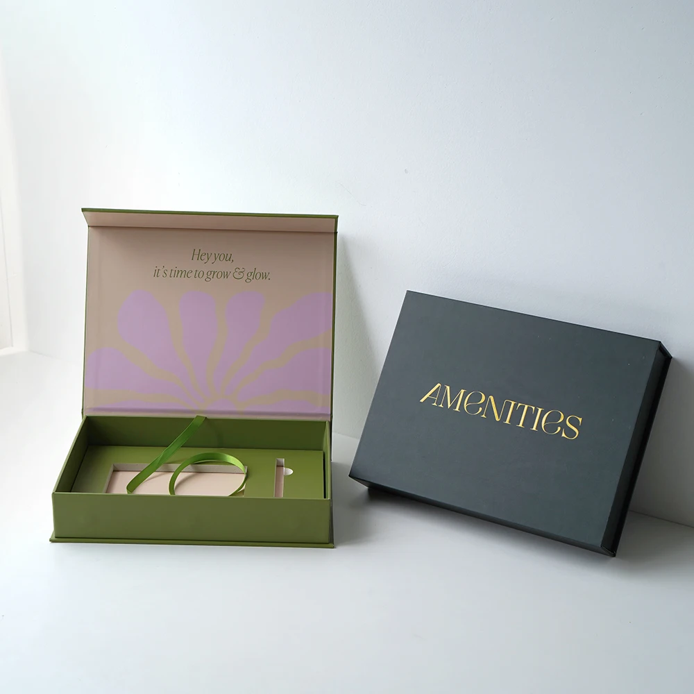 Wholesale Custom Packaging Boxes Paperboard Notebook Green Black Magnetic Gift Box with Ribbon