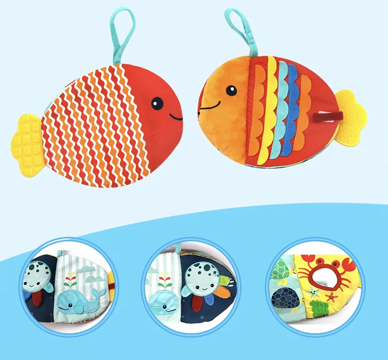 Fish Early Education Sound Interactive Fabric Animals Tails Baby Cloth Books Activity Crinkle Cloth Book Washable infant 0-3