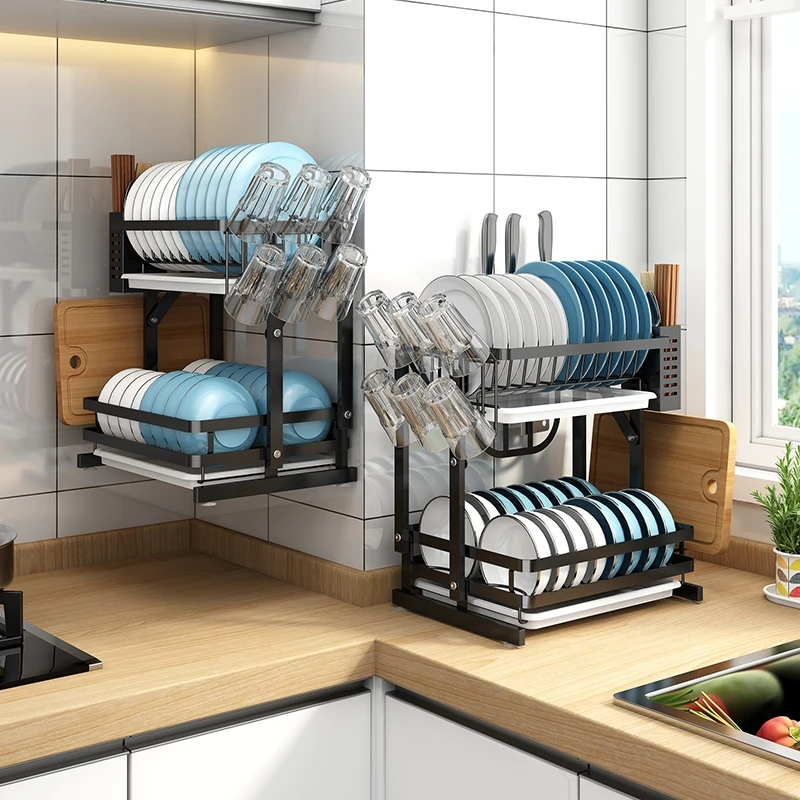 Double layer stainless steel black folding plate drying drain rack kitchenware storage rack for kitchen