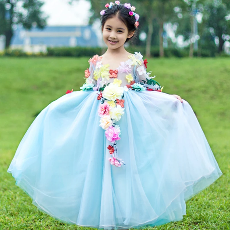 Flower fairy princess adult child dress long birthday  costume parent-child outfit royal blue princess wedding gown dress