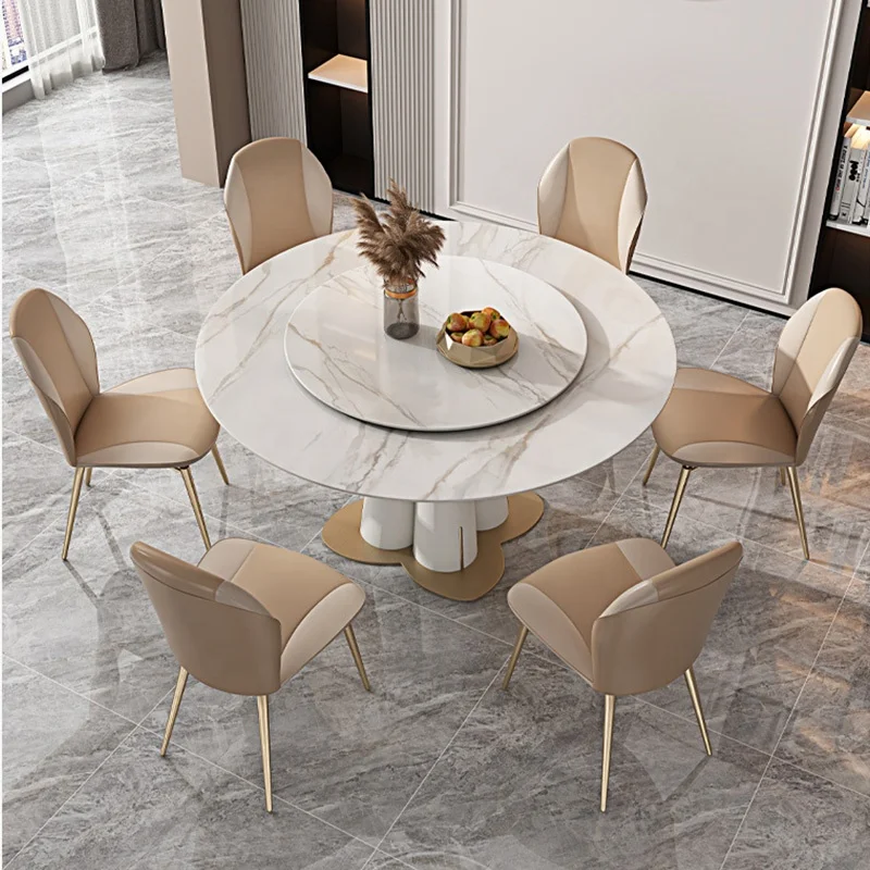 Dining room rock plate bright surface table with rotary table Italian multifunctional telescopic round table