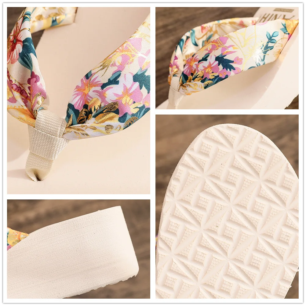 Wholesale Bronzing Printing Satin Sandals Cheap Beach Slope Heel Slipper Eva Outdoor wedge heel flip flops for Women