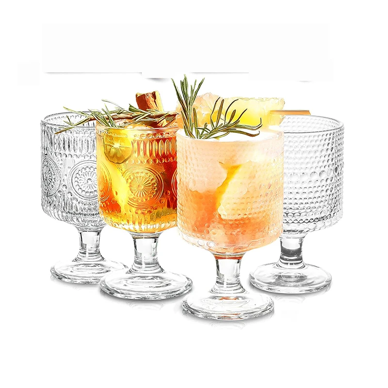 Home Bar Use 8 oz Wine Glasses Embossed Floral Glass Cups Set Clear Vintage Drink Glasses Drinking Glass Goblets