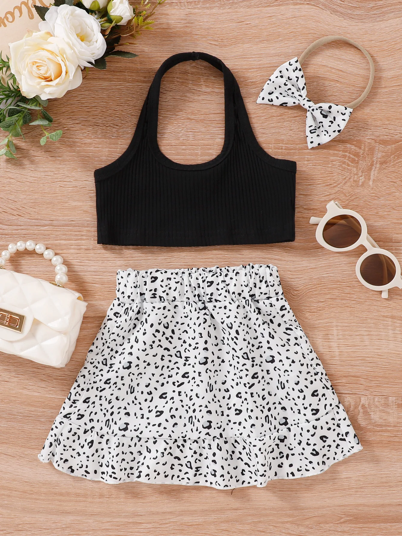 Summer New Leopard Print Skirt Set Of Clothes For Girls With Headband