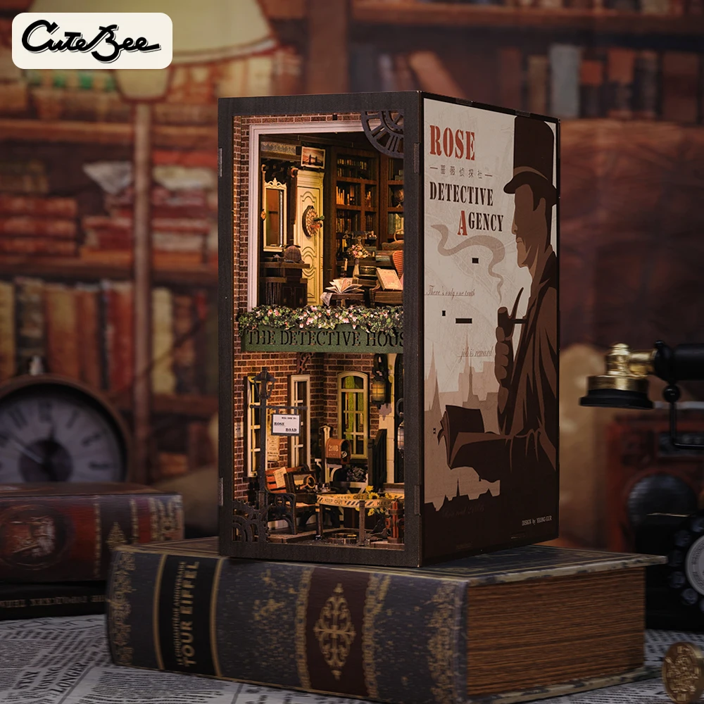 CuteBee Hot Selling 3D Wooden Puzzle Rose Detective Agency  DIY Miniature House with Dust Cover For Christmas Gift Book Nook