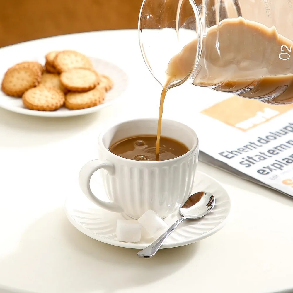 Ceramic Cappuccino Espresso Bulk Coffee Mug Saucer Set with Embossed Latte Cup Available in Various Sizes