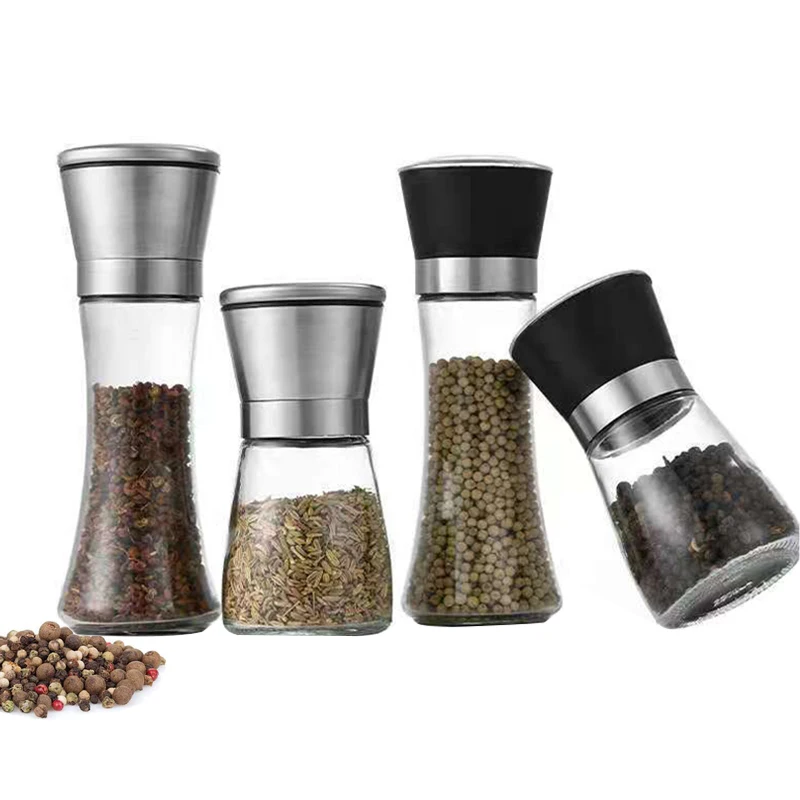Amazon Wholesale  Adjustable Ceramic Core Bottle Stainless Steel Glass Salt Mill Chili Manual Pepper Grinder Mill Shakers Set