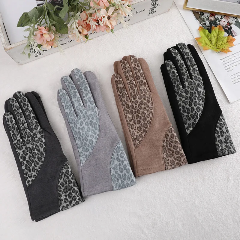 Warm Cute Adult Fall Adorable Women Leopard Velvet Touchscreen Gloves