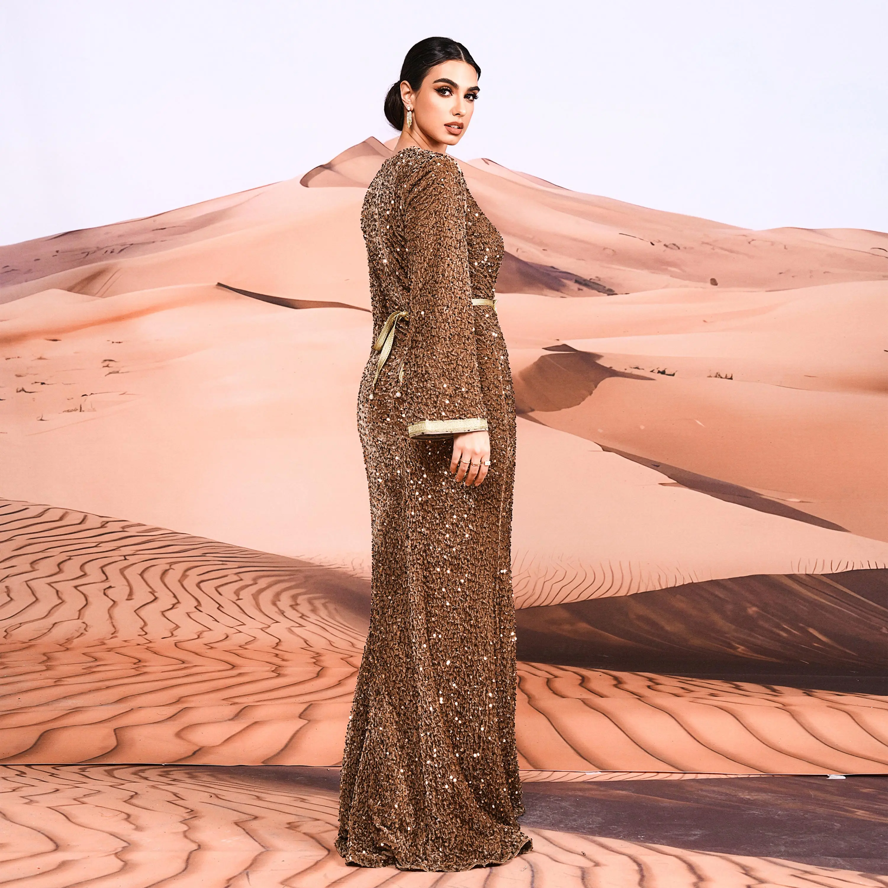 Long Sleeve Split Maxi Sequin Hijab Arabic Istanbul Moroccan Turkish Dubai Muslim Modest Evening Dresses for Women