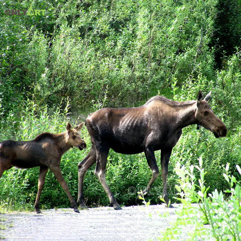 China directly foundry casting brass large animal sculptures hot sale moose mother with child statues