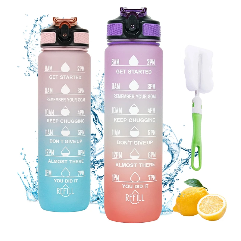 BPA Free 32 Oz 1000ml Plastic Sports Bottle Leak Proof 1 Liter Motivational Water Bottle with Time Marker