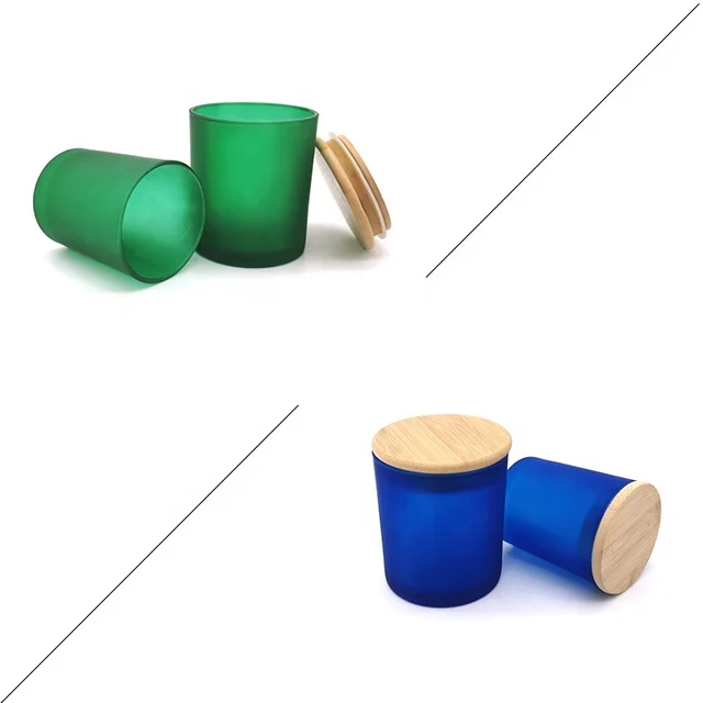 Multi color frosted empty glass candle jars with wooden lids in bulk for candle making