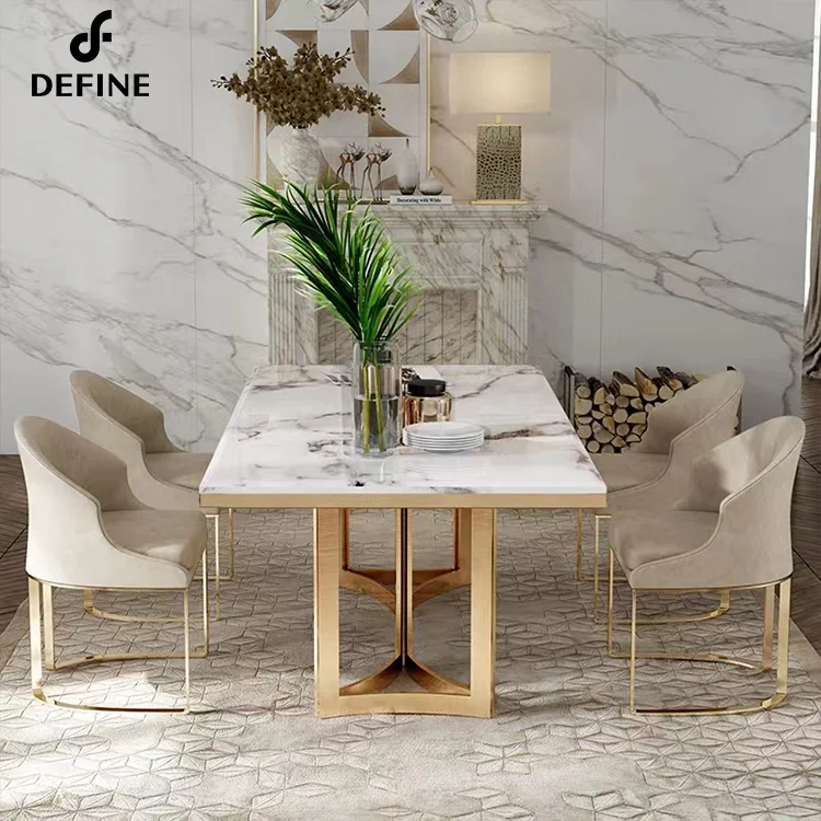 2022 Hot Seller  Stainless Steel Strong Leg Marble and Sintered Stone Table Top Dining Table Set