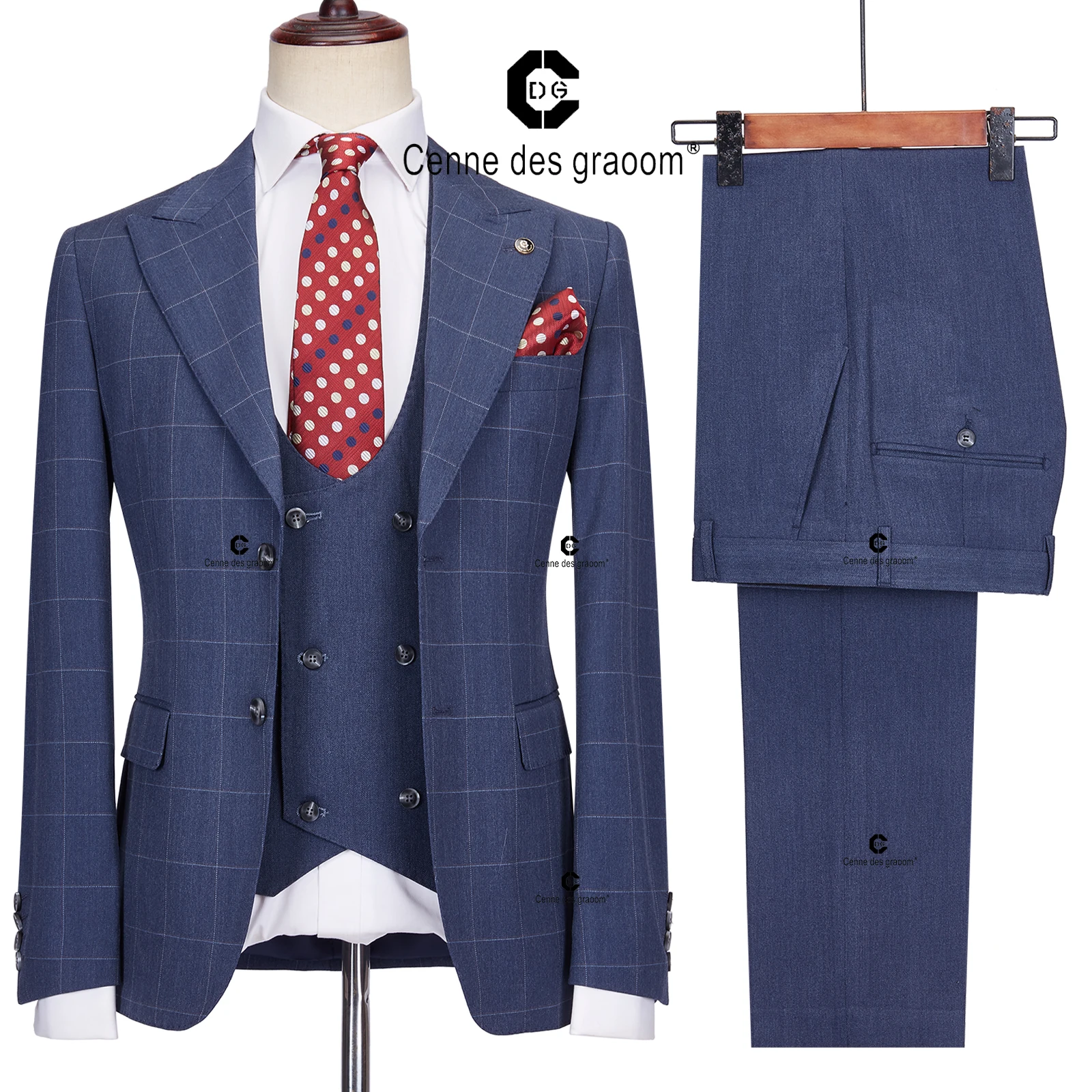 Cenne Des Graoom  2023 Tailor-Made Blue Plaid Men suits Slim Fit Jacket Vest Pants 3 Pcs Set Groom Business Office Meeting Party