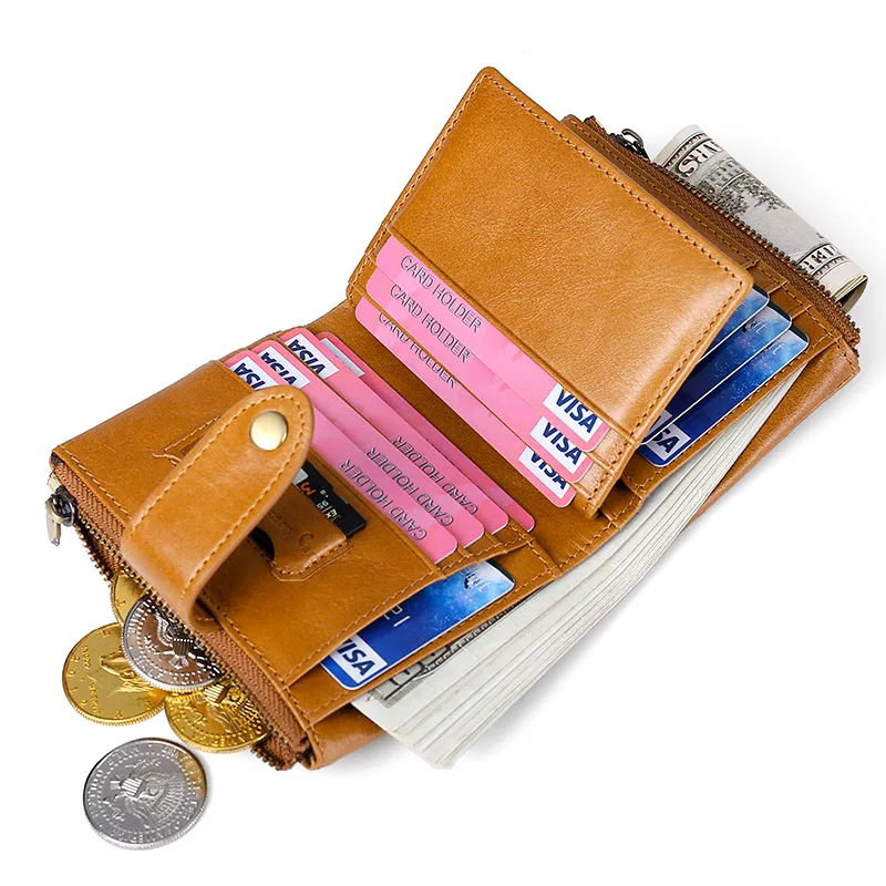 
atinfor Genuine Leather RFID Blocking Men Short Wallets Retro Oil Wax Cowhide Casual Travel Small Coin Purse 