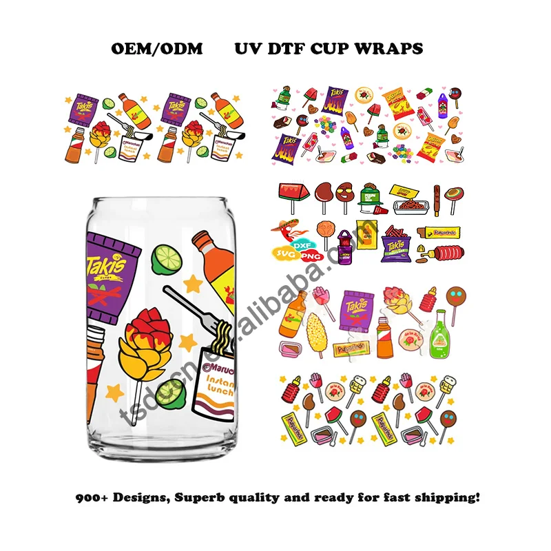 custom dulce mexicano candy mexico snacks eamless pattern 16oz ibbey Glass uv dtf cup wraps Ready To transfer decal for cups