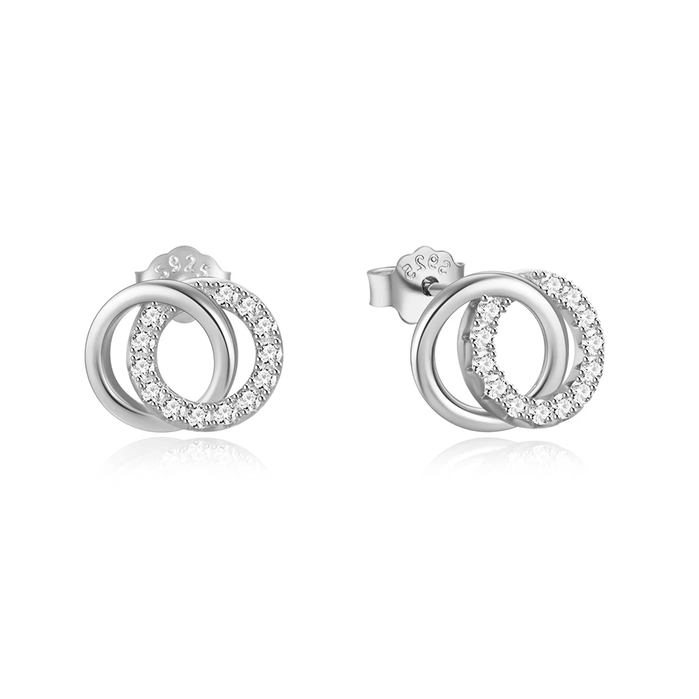 fashion jewelry 925 sterling silver earrings hollow two round circle diamond zircon gold plated stud earrings for women