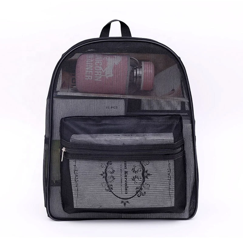 Korea style large capacity black transparent mesh sport backpack with zipper closure and front pocket