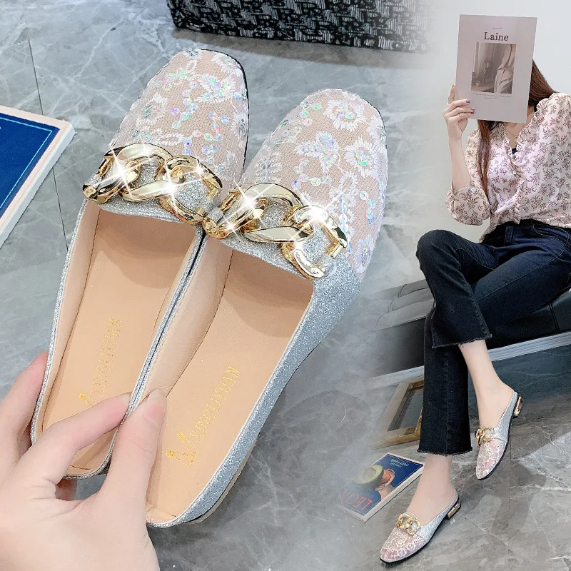 StepGrace Wholesale Luxury Women Fashion Metal Chain Walking Flats Wedding Shoes Casual Outdoor Slip-On  Sandals For Women Flats