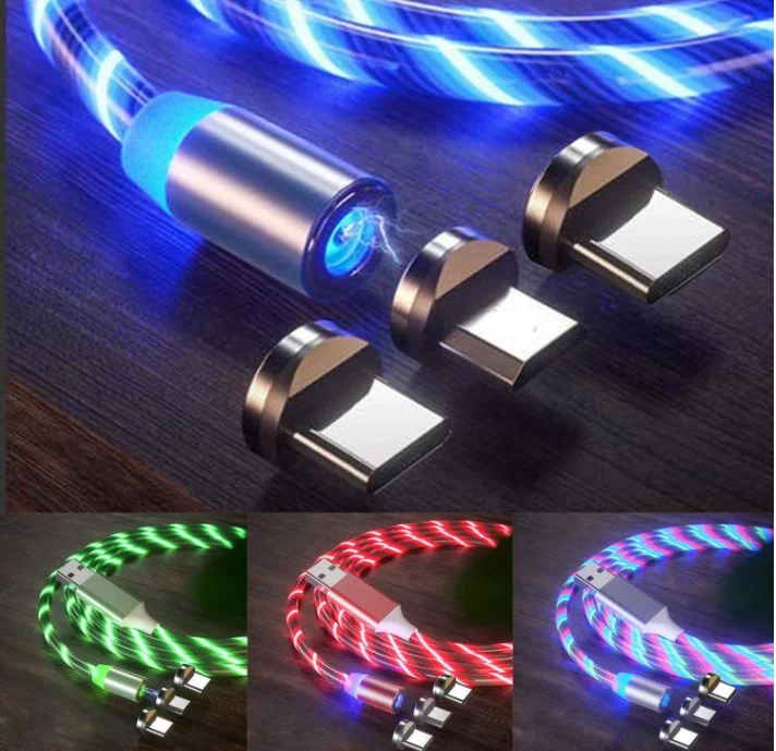 Wholesale Magnetic Fast Charging USB Cable Flowing Light 3 IN 1 Cable USB Led Luminous USB Cable