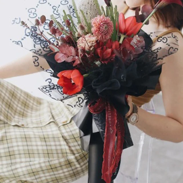 custom logo gift rose bouquet packing printing waterproof transparent korean tissue flowers wrapping paper packaging for floral