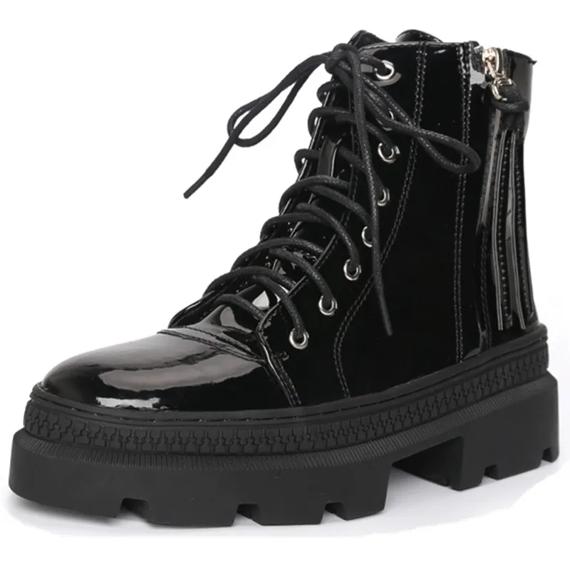 Дропшиппинг Пользовательский логотип лакированная кожа массивные мотоциклетные ботинки для женщин 2022 зимние теплые женские ботильоны модные на платформе