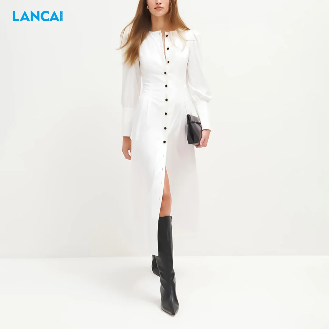 Designer  Women Elegant Casual Dress Long Sleeve Factory Clothing Dresses Turn-down Collar Maxi Dress