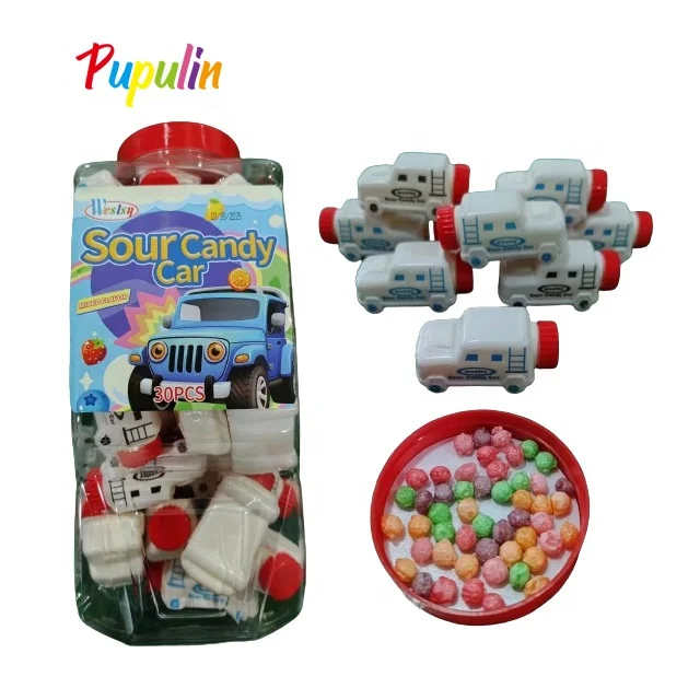 Wholesale sweets cartoon car shape sour fruit flavor gummy soft chewing candy children game play chewy candies