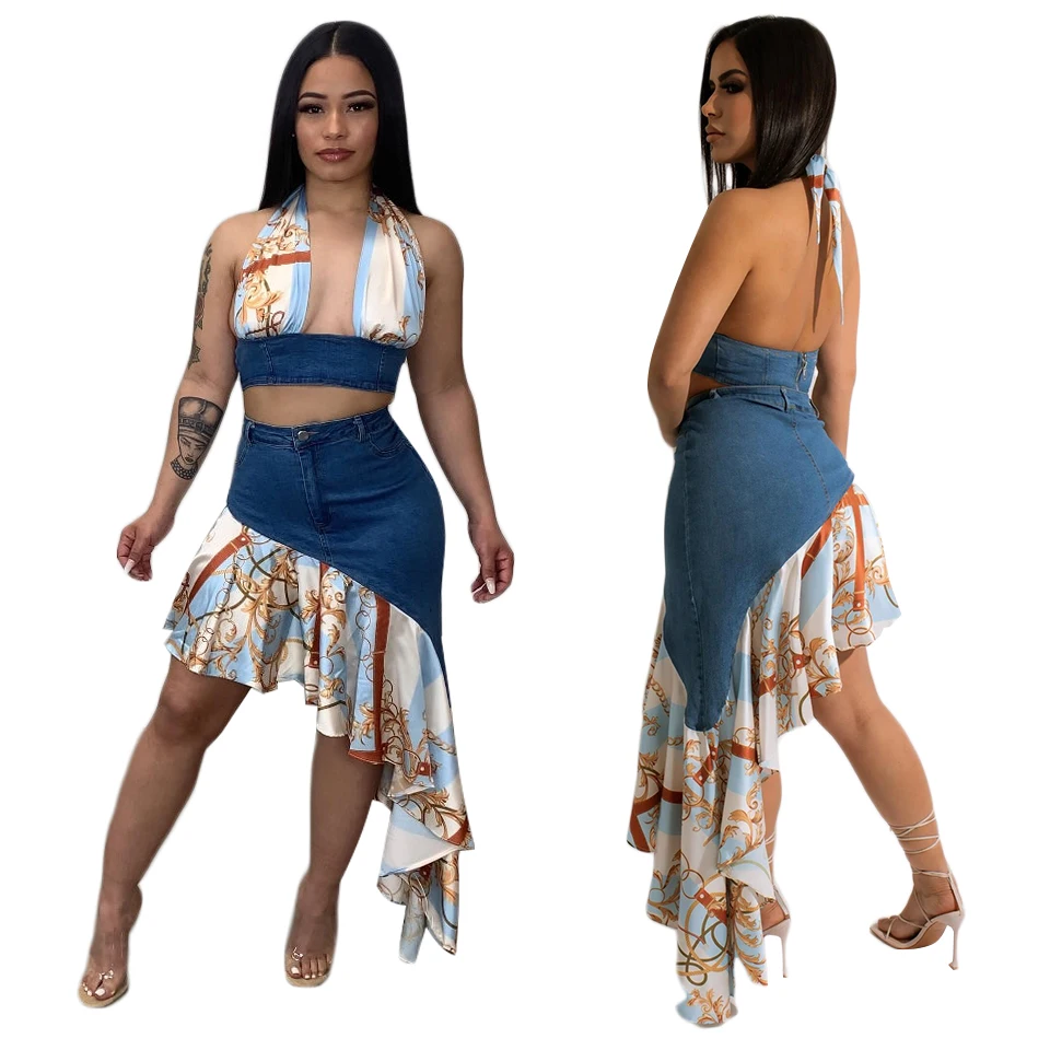 Two piece skirt set denim skirt two piece set skirt for women