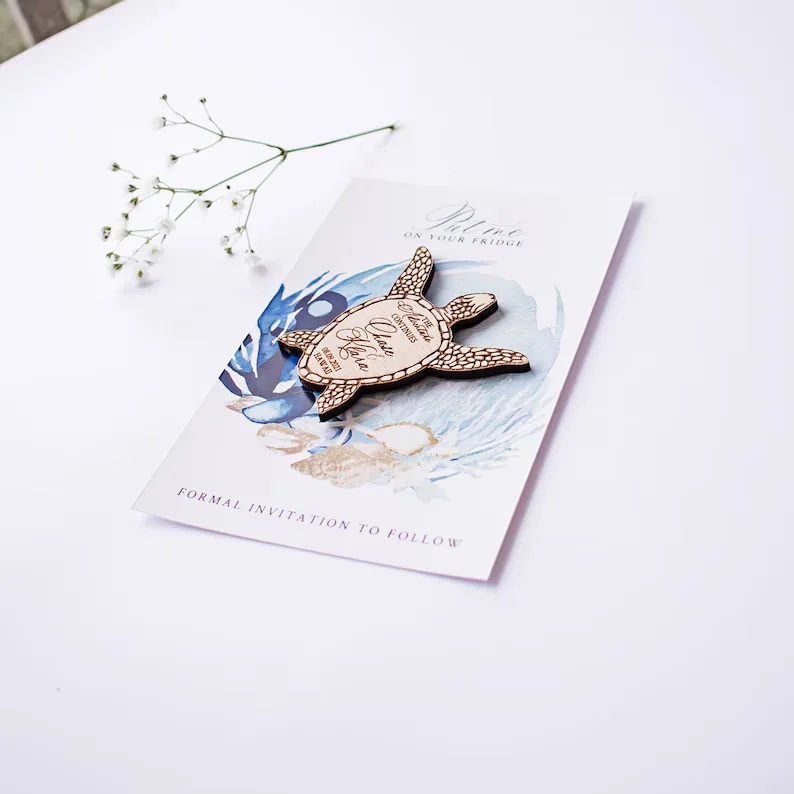 Free custom Wedding magnet save the date cards  laser engraved wooden Turtle summer beach magnets for wedding favor