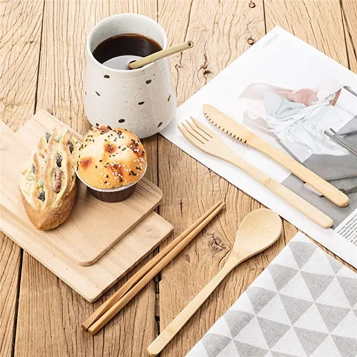 Wholesales Bamboo Spoon Wooden Fork Knife Kits Wooden chopsticks Bamboo Cutlery Straw Set