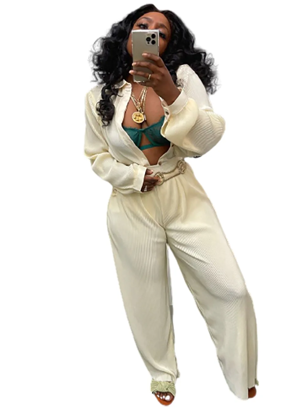 LD81060 New Arrival Casual Solid Beige White Sets Shirts and Pants Lounge Wear Fall Clothing Two Women Piece Sets