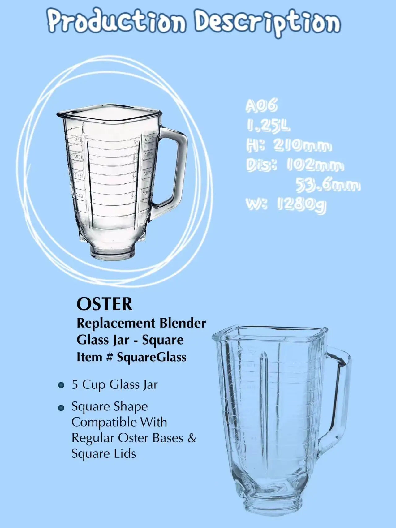 1.25L Glass Material oster blender jar replacement parts AG16 square Blender Glass Jar Juego de cubas de mezcla de vidrio