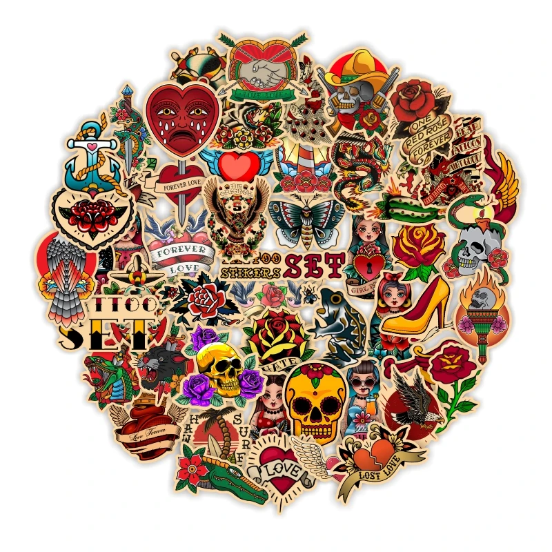 100pcs Retro Old School Tattoo sticker Lot Cars skateboard Motorcycle Guitar