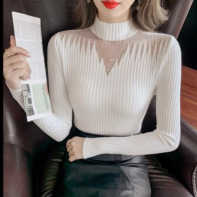 Spring and Autumn Slim-fitting sweater with fashionable mesh splicing half turtleneck bottoming shirt knitted pullover for women