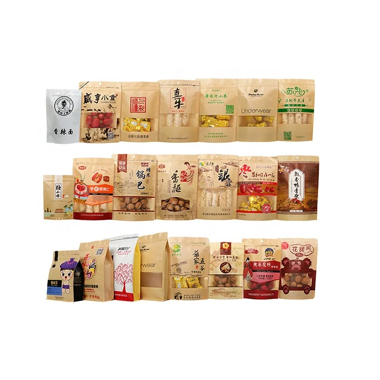 Clear Window Airtight Brown Biodegradable Food Resealable Seal Pouch Kraft Paper Stand Up Pouch