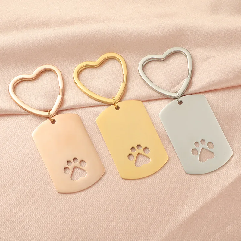 Custom LOGO Laser Engraved Blank Love keychain Key Ring Pendant Stainless Steel Hollow Dog Paws Metal Keychain Charm Accessories