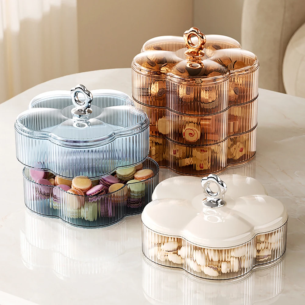 Multiple Tire Flower Shape Design Plastic Serving Platter Snack Tray with Lid for Biscuit Candy Nut Candy
