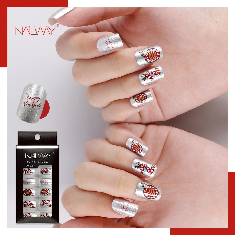 Christmas Press On Nails Wholesale Metallic Acrylic Nails Uas Postizas Medium Length Square Artificial Nails For New Year