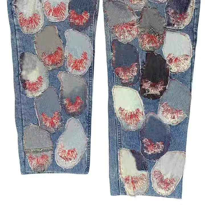 Fashionable Customized  Patches Embroidery Loose Straight Light Blue  Baggy Straight   pants Loose long Wide Leg Jeans
