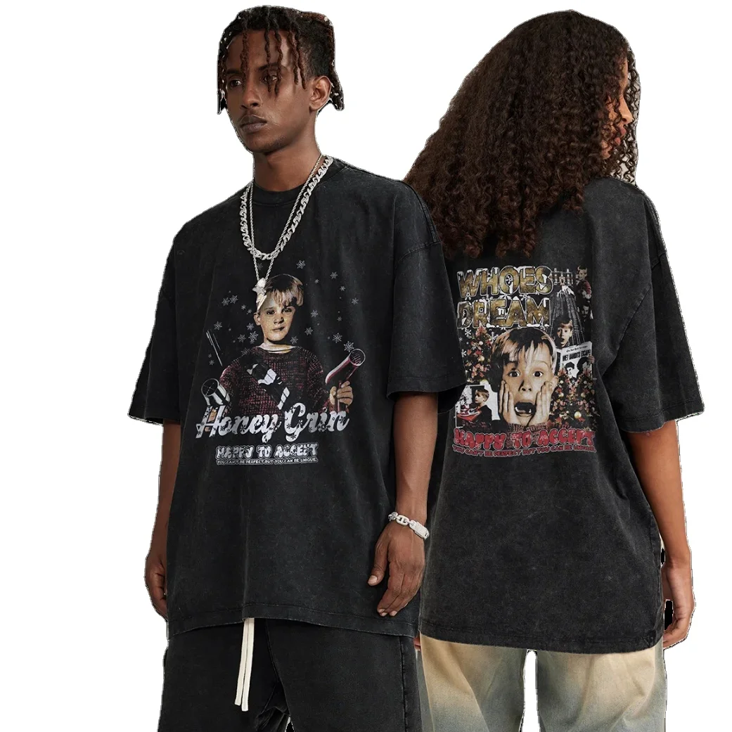 2024 Washed Fun Boys Printed Round Neck Short-Sleeved American Retro Trendy Brand Couple T-Shirt for Men