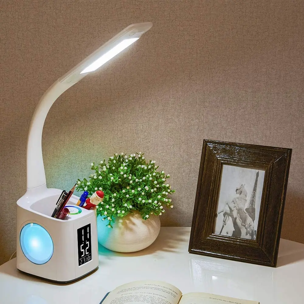 Dimmable Study LED Desk Lamp with USB Charging Port&Screen&Calendar&Color Night Light Pen Holder&Clock